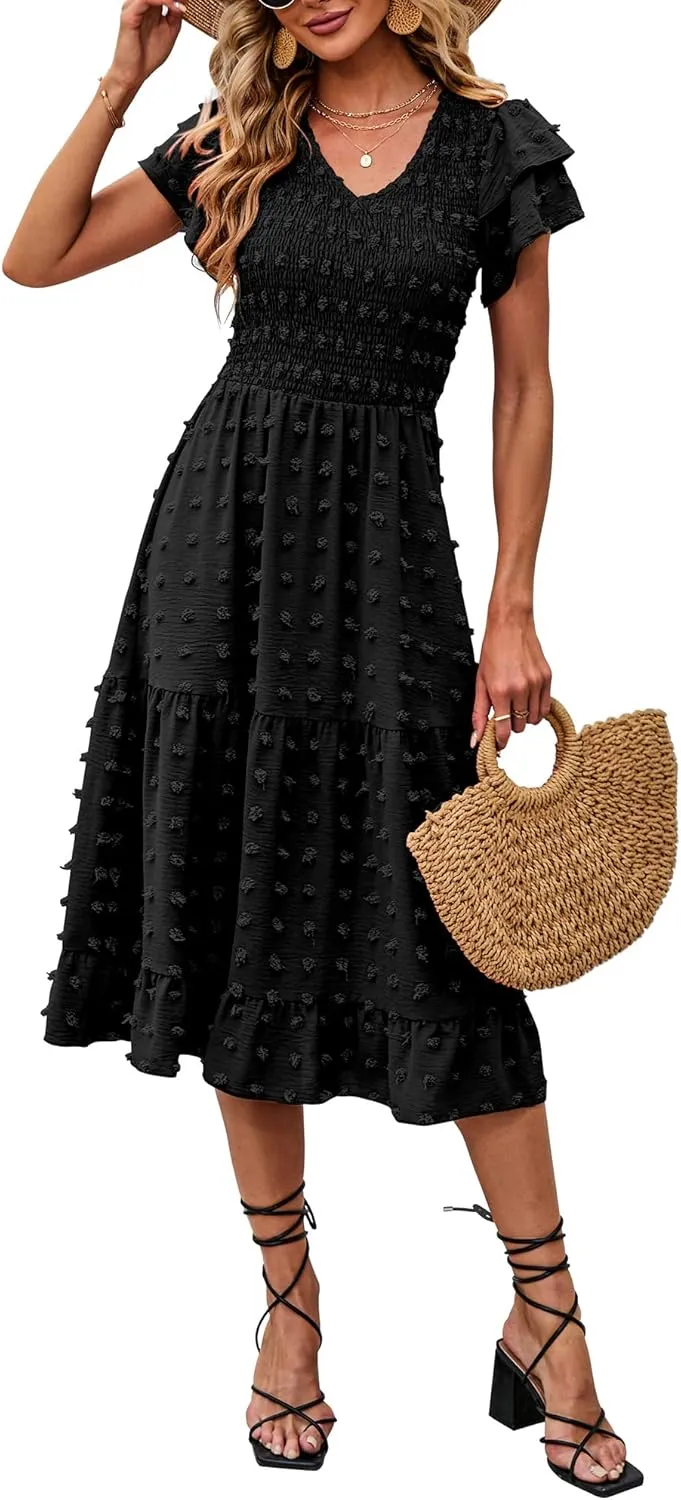 BTFBM Women Casual Summer Short Ruffles Tiered Sleeve Smocked Midi Dresses Bohemian Floral V Neck Wedding Guest Long Dresses