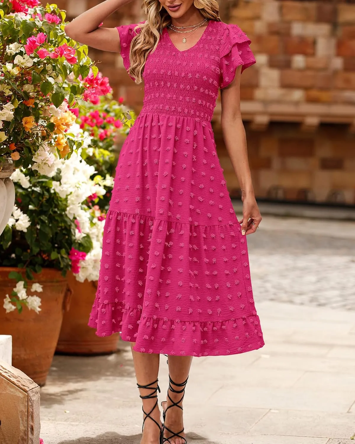 BTFBM Women Casual Summer Short Ruffles Tiered Sleeve Smocked Midi Dresses Bohemian Floral V Neck Wedding Guest Long Dresses