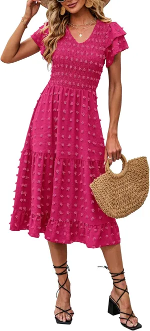 BTFBM Women Casual Summer Short Ruffles Tiered Sleeve Smocked Midi Dresses Bohemian Floral V Neck Wedding Guest Long Dresses