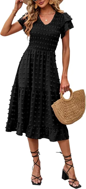 BTFBM Women Casual Summer Short Ruffles Tiered Sleeve Smocked Midi Dresses Bohemian Floral V Neck Wedding Guest Long Dresses