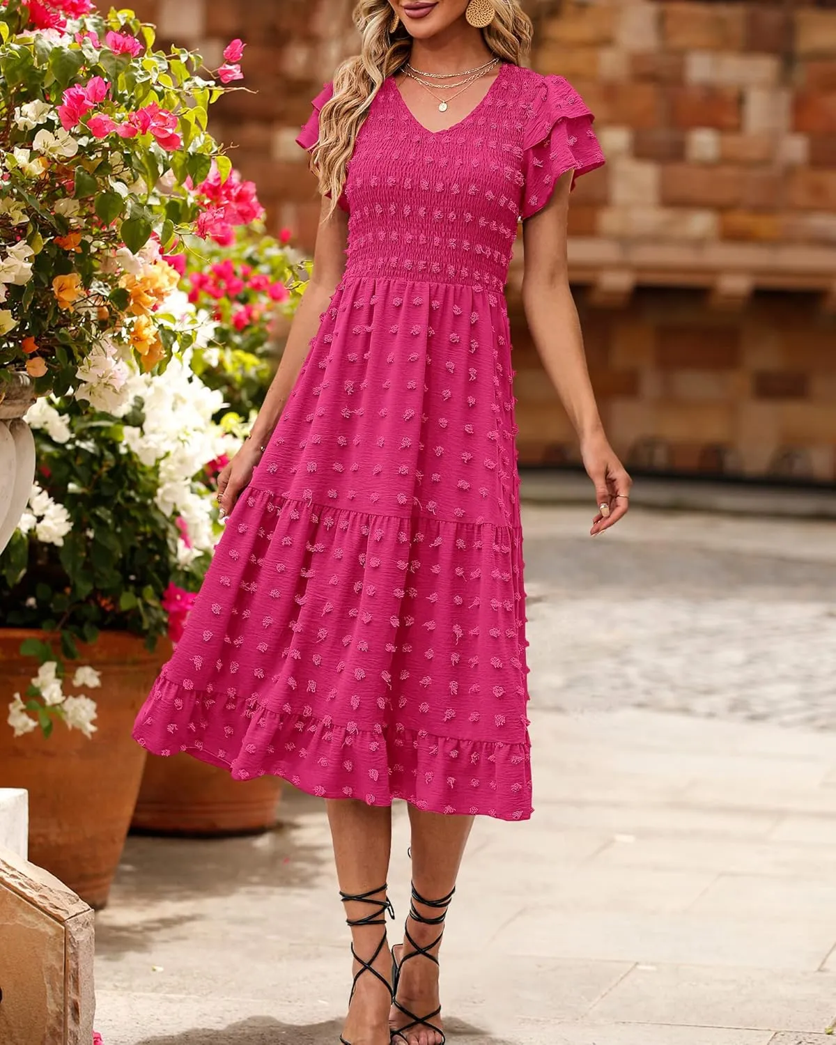 BTFBM Women Casual Summer Short Ruffles Tiered Sleeve Smocked Midi Dresses Bohemian Floral V Neck Wedding Guest Long Dresses