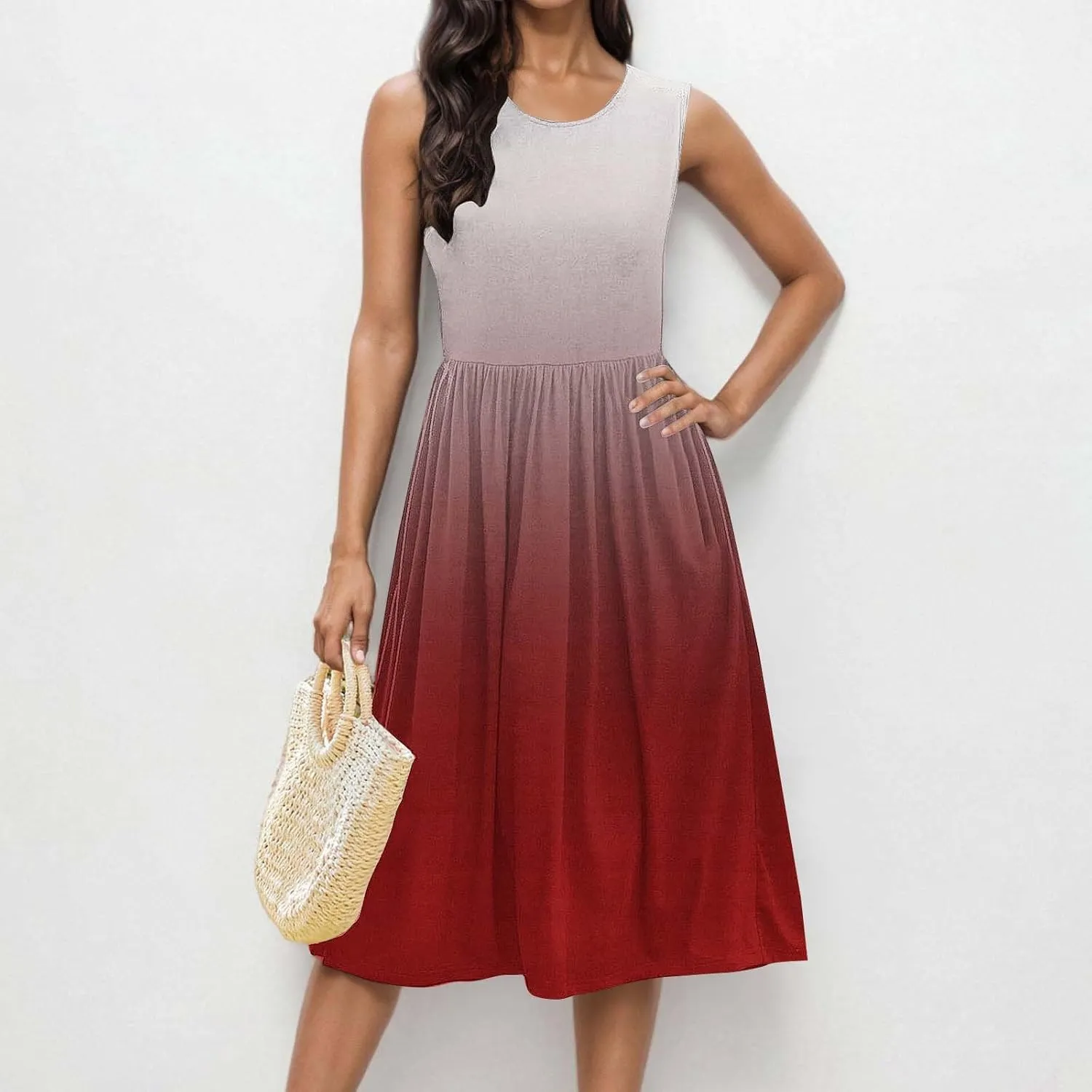 Casual Dresses for Women Summer Sleeveless Tie Dye Sundresses Empire Waist Midi Tank Dresses with Pockets 2025