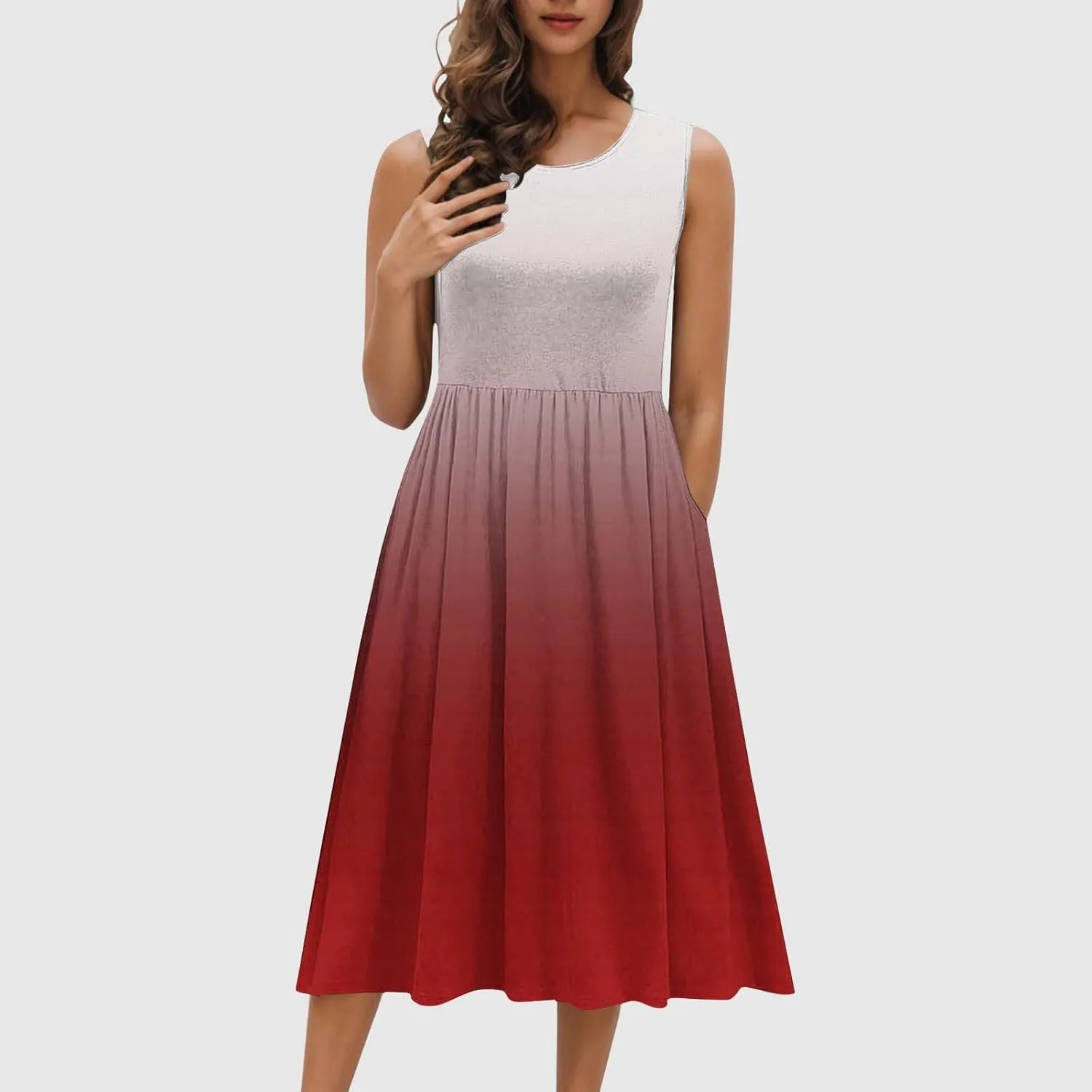 Casual Dresses for Women Summer Sleeveless Tie Dye Sundresses Empire Waist Midi Tank Dresses with Pockets 2025