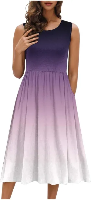 Casual Dresses for Women Summer Sleeveless Tie Dye Sundresses Empire Waist Midi Tank Dresses with Pockets 2025