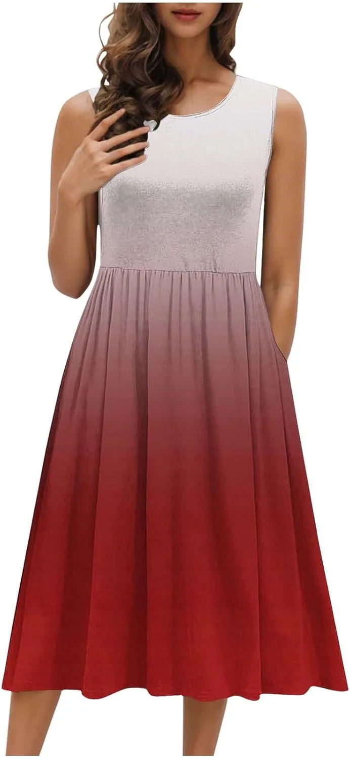 Casual Dresses for Women Summer Sleeveless Tie Dye Sundresses Empire Waist Midi Tank Dresses with Pockets 2025