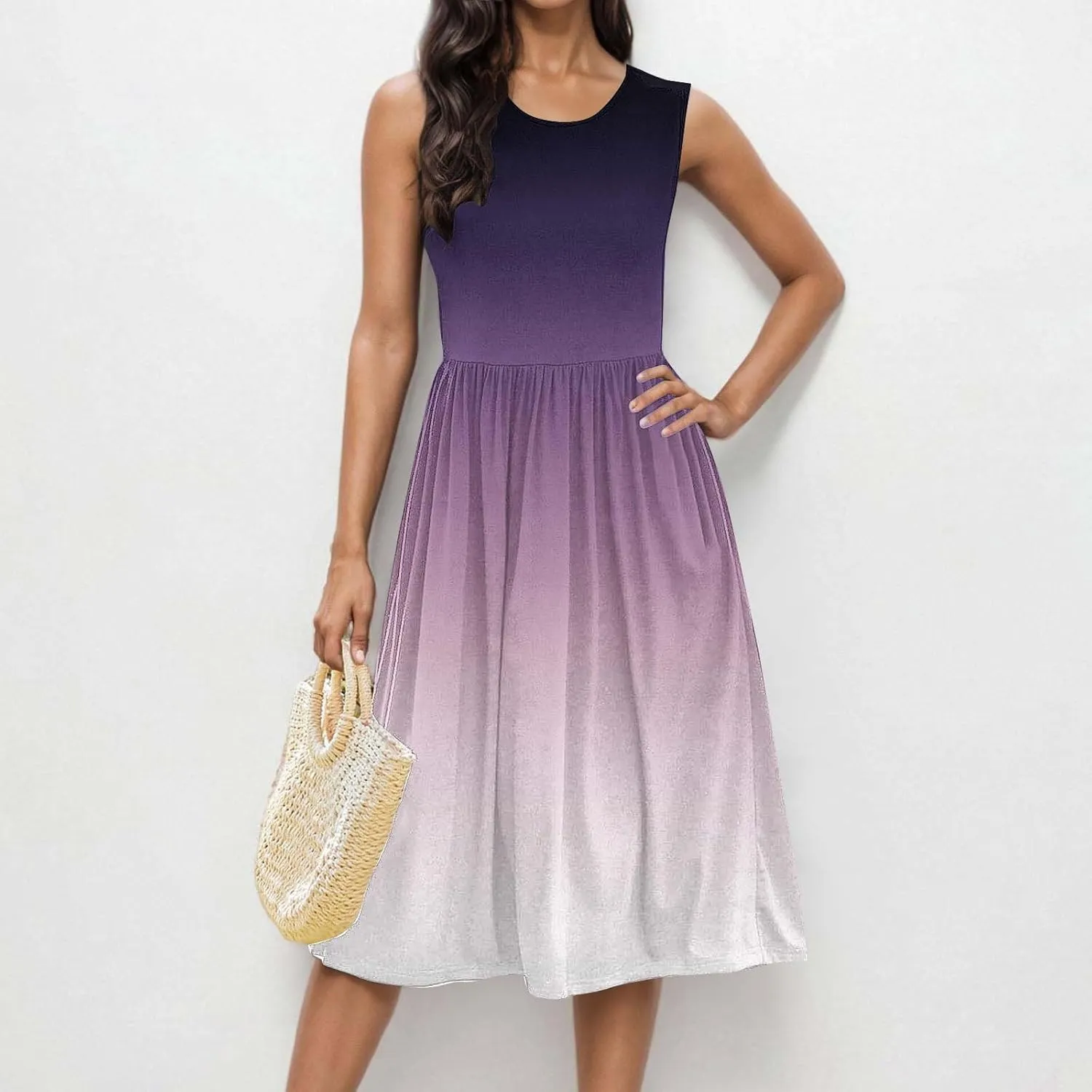 Casual Dresses for Women Summer Sleeveless Tie Dye Sundresses Empire Waist Midi Tank Dresses with Pockets 2025