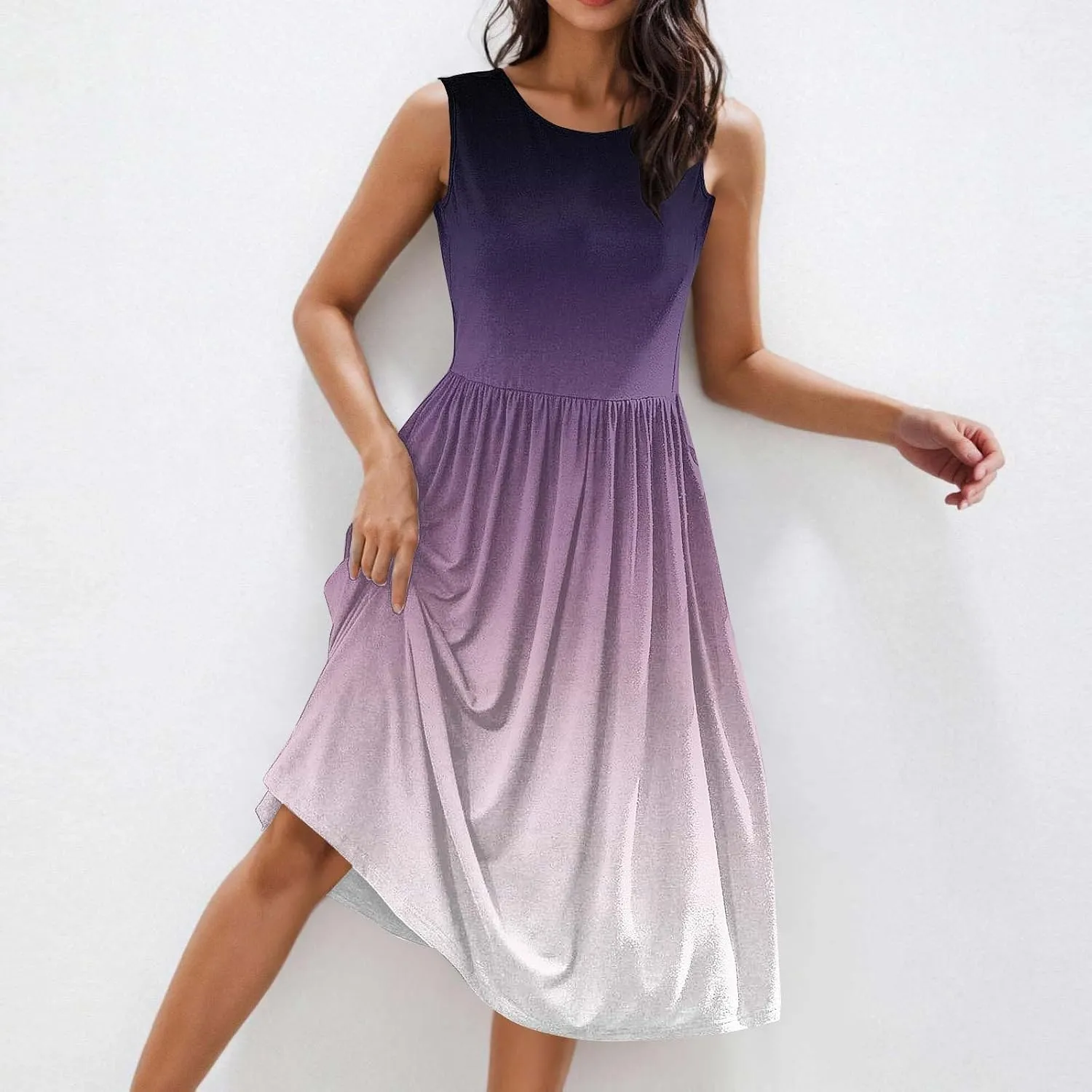 Casual Dresses for Women Summer Sleeveless Tie Dye Sundresses Empire Waist Midi Tank Dresses with Pockets 2025