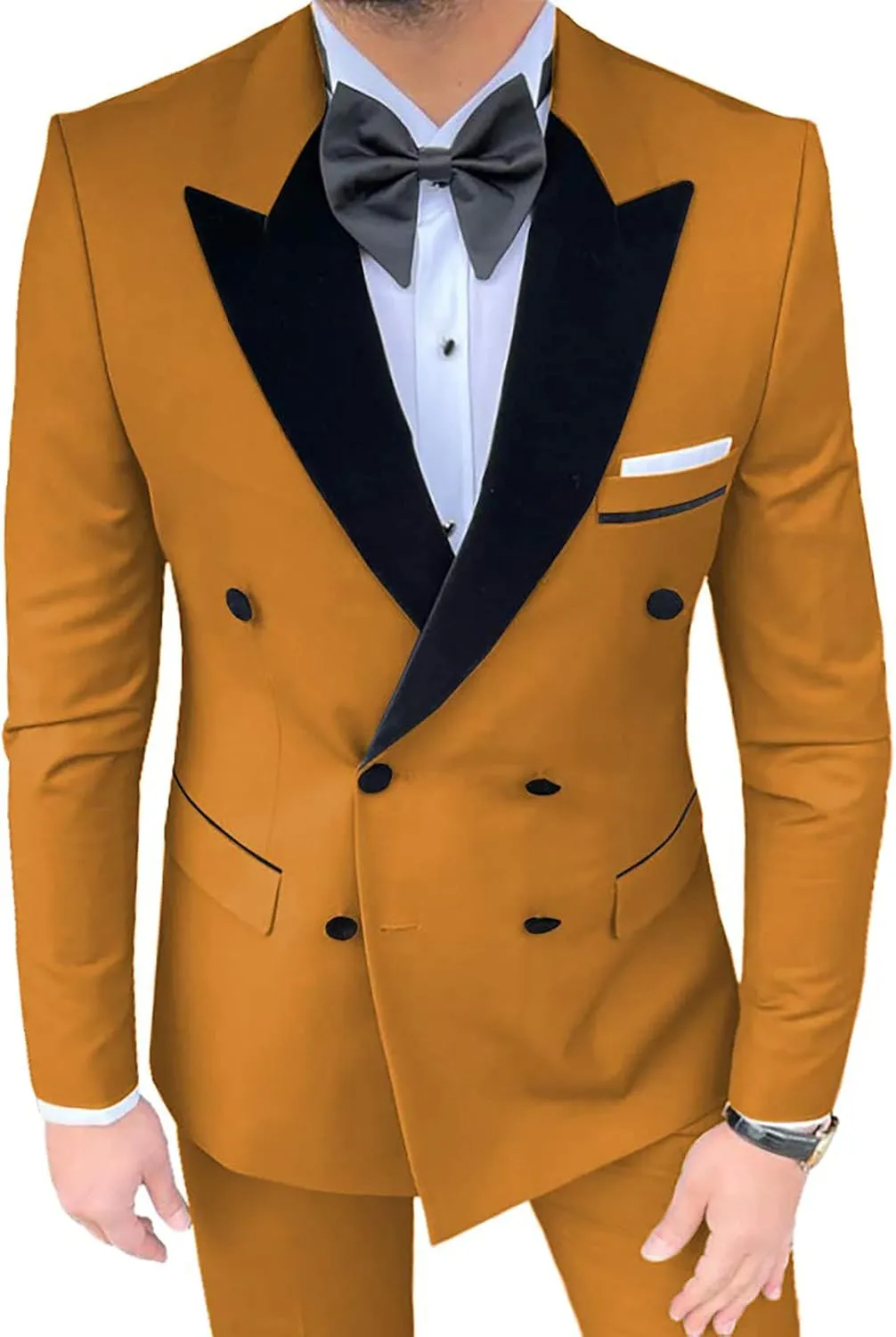 Casual Men's Suit 2 Pieces Slim Fit Double Breasted Blazer Velvet Peak Lapel Tuxedos Suit Jacket Pants for Men