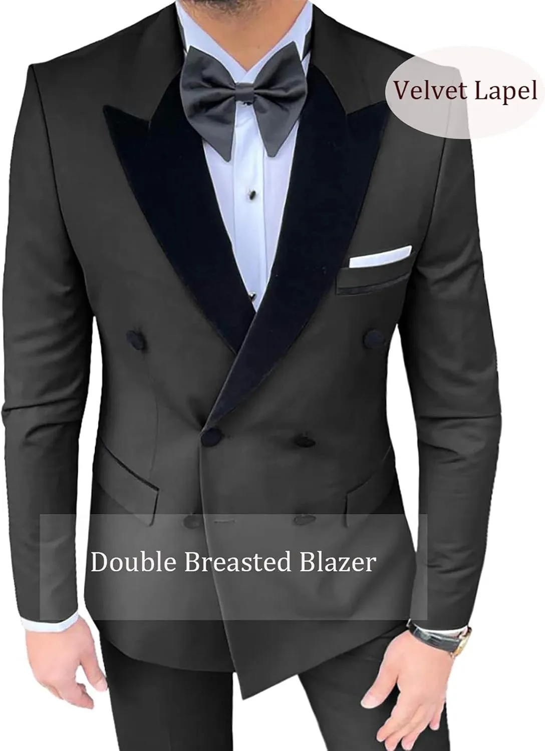 Casual Men's Suit 2 Pieces Slim Fit Double Breasted Blazer Velvet Peak Lapel Tuxedos Suit Jacket Pants for Men