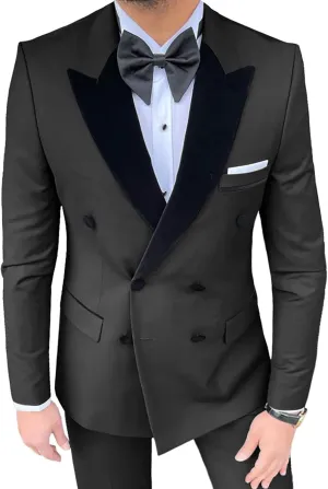 Casual Men's Suit 2 Pieces Slim Fit Double Breasted Blazer Velvet Peak Lapel Tuxedos Suit Jacket Pants for Men
