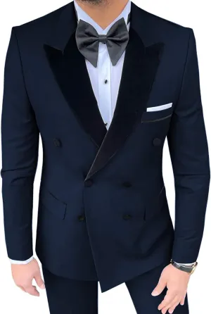 Casual Men's Suit 2 Pieces Slim Fit Double Breasted Blazer Velvet Peak Lapel Tuxedos Suit Jacket Pants for Men