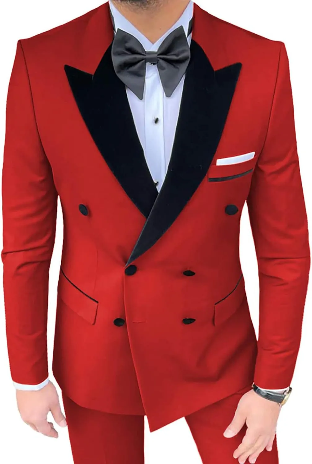 Casual Men's Suit 2 Pieces Slim Fit Double Breasted Blazer Velvet Peak Lapel Tuxedos Suit Jacket Pants for Men