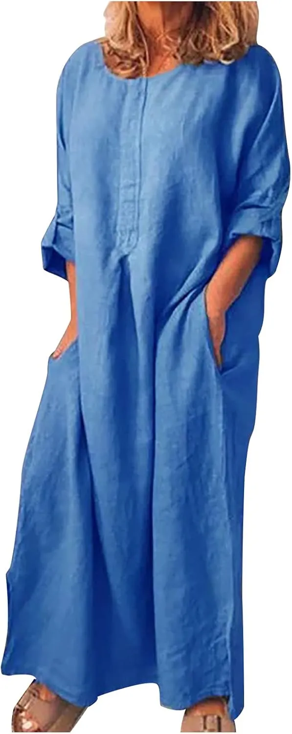Ceboyel Women Denim Shirt Dresses Casual Loose Maxi Long Dress Half Sleeve Distressed Jean Dress Summer Beach Outfits 2023