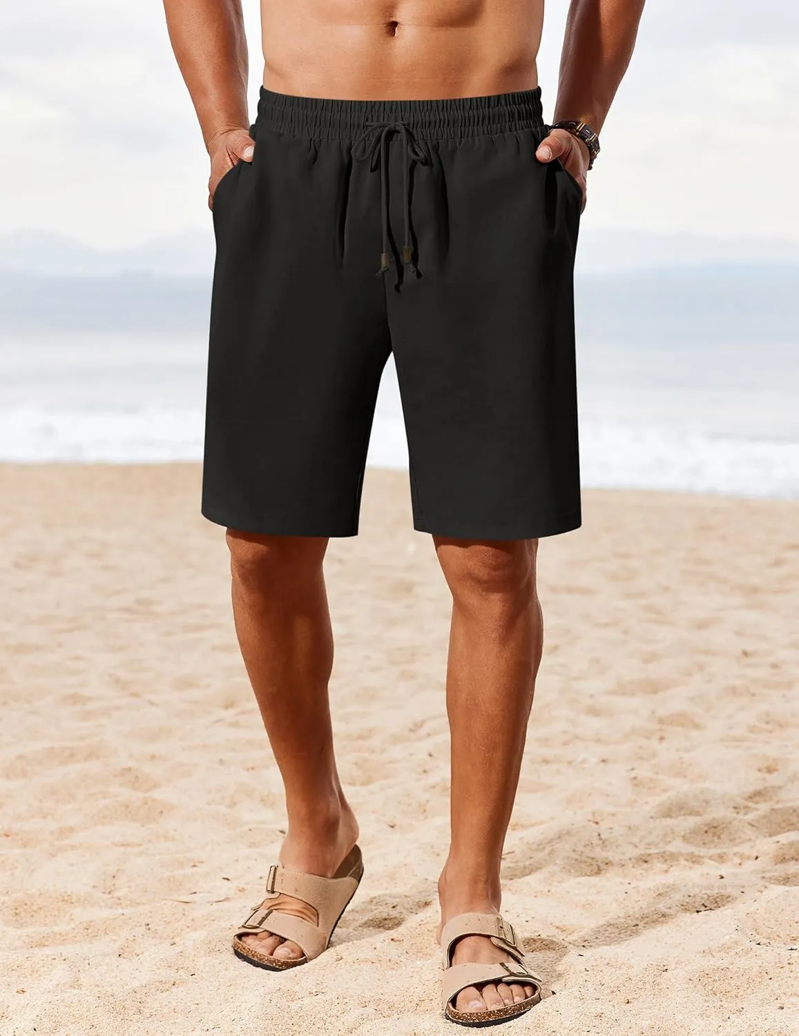 COOFANDY Men's Linen Shorts Casual Summer Beach Shorts Elastic Waist Drawstring Vacation Shorts with Pockets