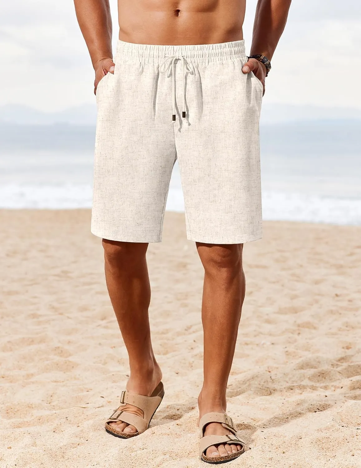 COOFANDY Men's Linen Shorts Casual Summer Beach Shorts Elastic Waist Drawstring Vacation Shorts with Pockets