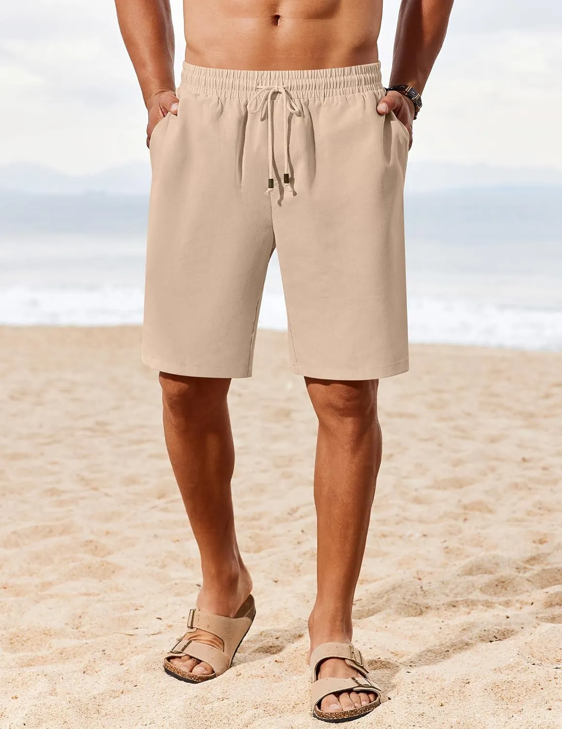COOFANDY Men's Linen Shorts Casual Summer Beach Shorts Elastic Waist Drawstring Vacation Shorts with Pockets