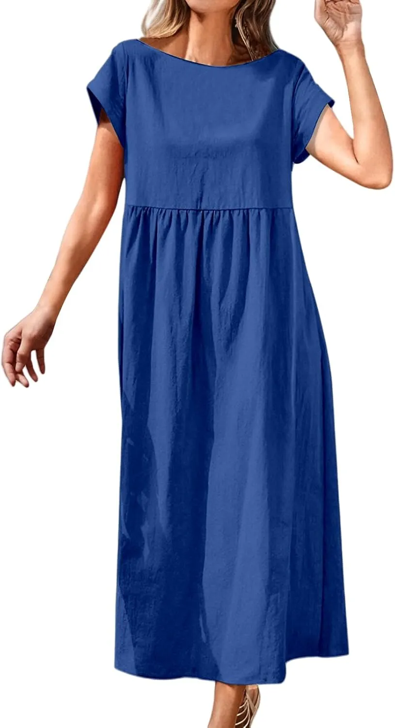 Cotton Linen Dresses for Women Baggy Crew Neck Short Sleeve Tunic Beach Midi Dresses A-Line Flowy Sundress
