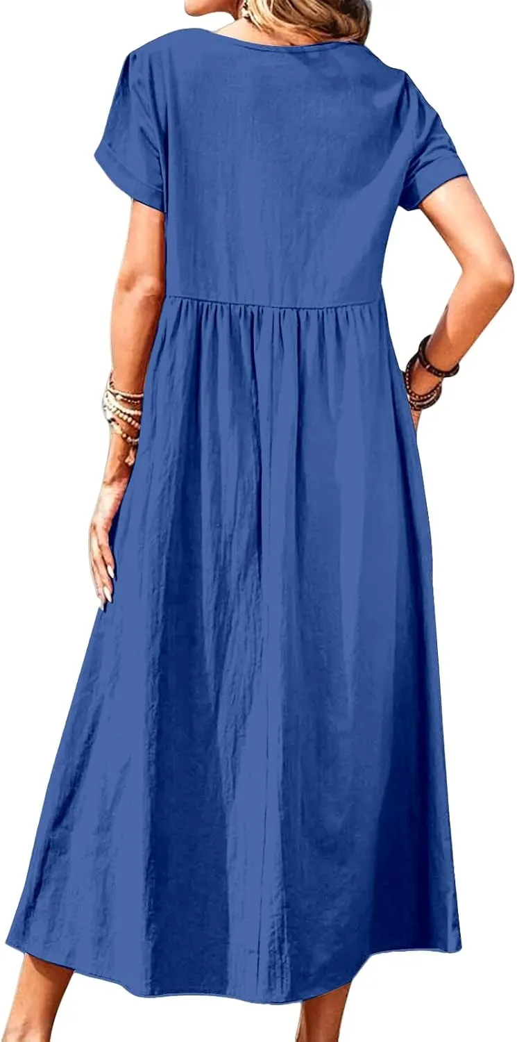Cotton Linen Dresses for Women Baggy Crew Neck Short Sleeve Tunic Beach Midi Dresses A-Line Flowy Sundress