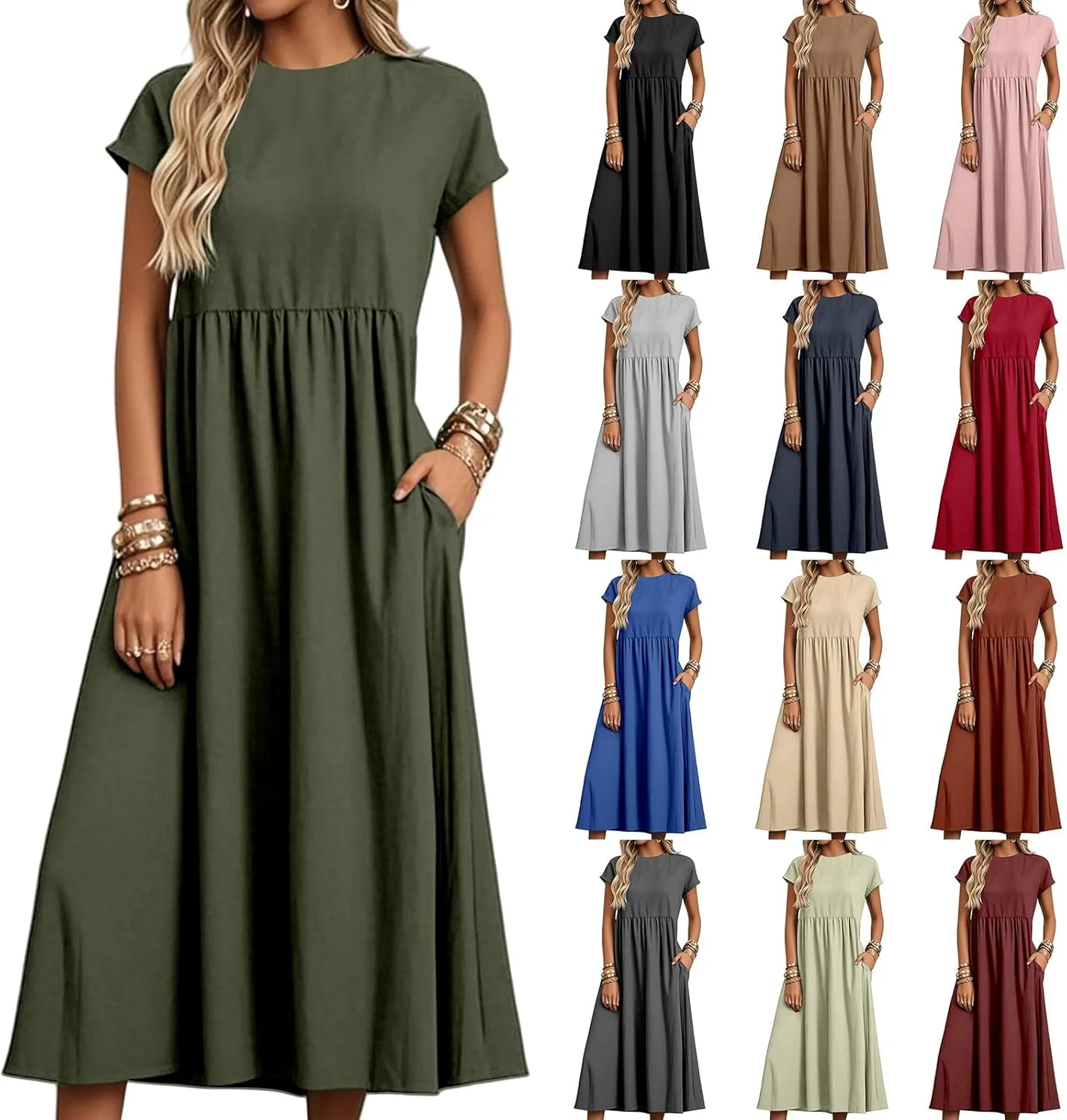 Cotton Linen Dresses for Women Baggy Crew Neck Short Sleeve Tunic Beach Midi Dresses A-Line Flowy Sundress