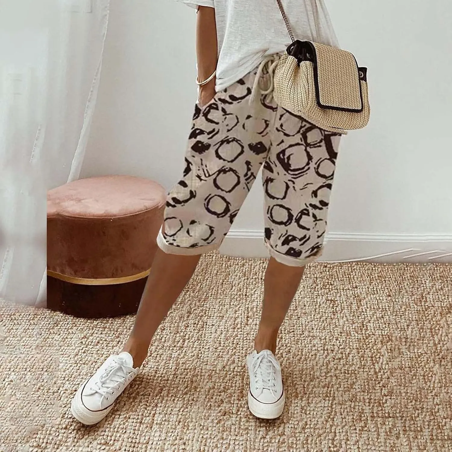 Cotton Linen Shorts White Linen Pants Women Linen Trousers for Women Knee Length Shorts Women Linen Drawstring Pocket
