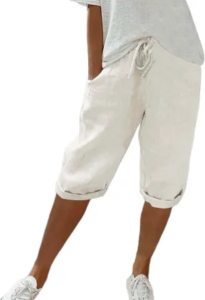 Cotton Linen Shorts White Linen Pants Women Linen Trousers for Women Knee Length Shorts Women Linen Drawstring Pocket