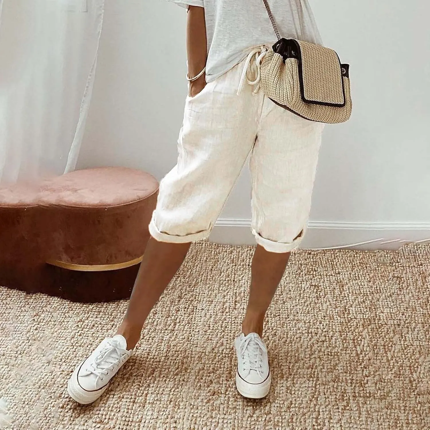 Cotton Linen Shorts White Linen Pants Women Linen Trousers for Women Knee Length Shorts Women Linen Drawstring Pocket