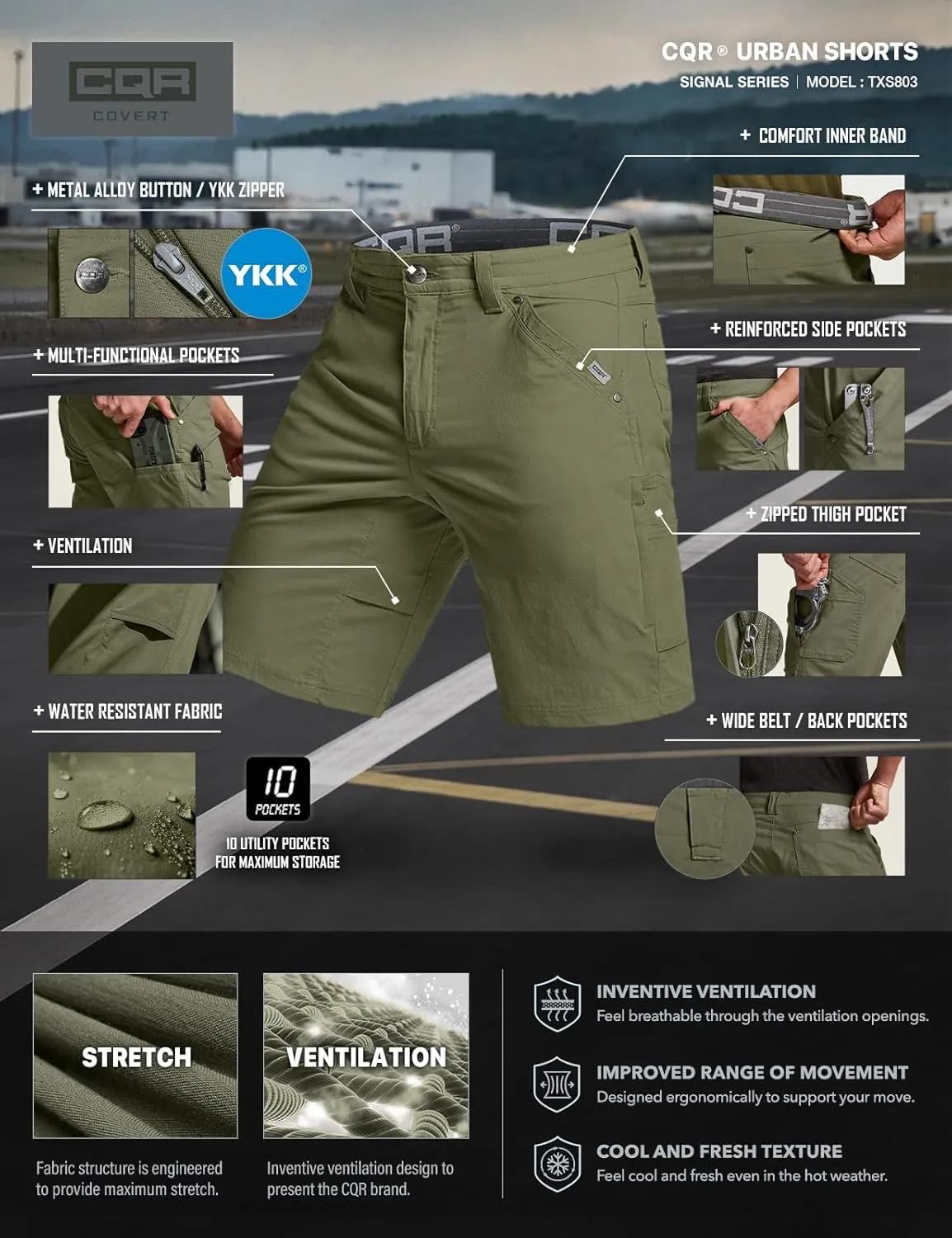CQR Men's Stretch Utility Shorts, Lightweight Quick Dry Casual Shorts, Hiking Golf Cargo Shorts with Zipper Pockets
