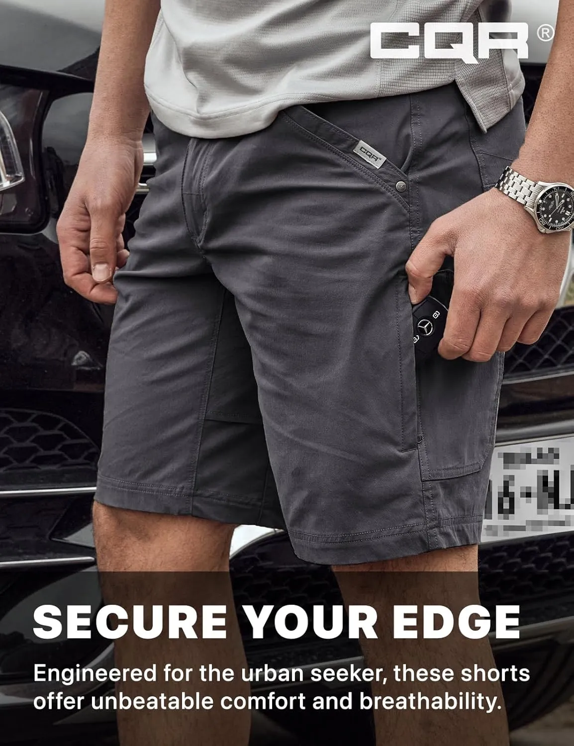 CQR Men's Stretch Utility Shorts, Lightweight Quick Dry Casual Shorts, Hiking Golf Cargo Shorts with Zipper Pockets