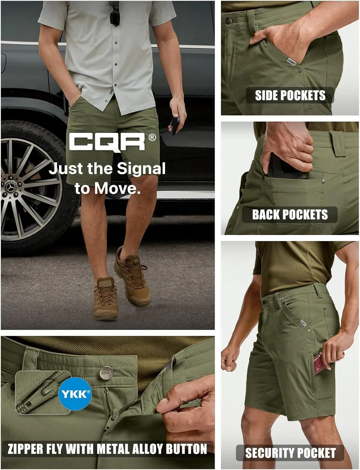 CQR Men's Stretch Utility Shorts, Lightweight Quick Dry Casual Shorts, Hiking Golf Cargo Shorts with Zipper Pockets