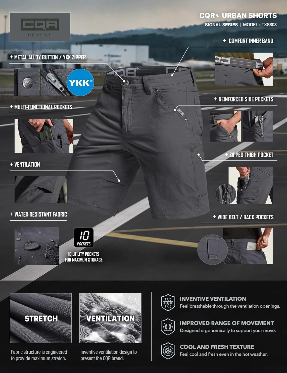 CQR Men's Stretch Utility Shorts, Lightweight Quick Dry Casual Shorts, Hiking Golf Cargo Shorts with Zipper Pockets