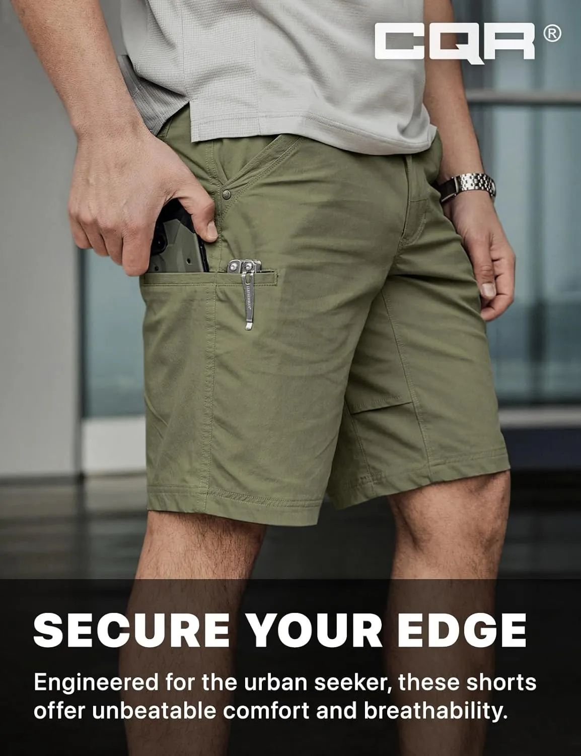 CQR Men's Stretch Utility Shorts, Lightweight Quick Dry Casual Shorts, Hiking Golf Cargo Shorts with Zipper Pockets