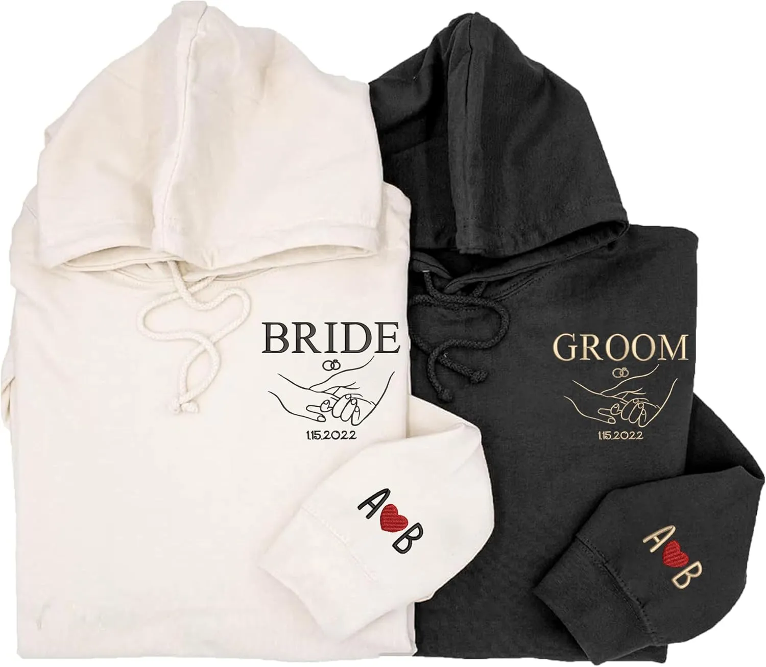 Custom Embroidered Bride Groom Wedding Ring and Hand Sweatshirt Hoodie, Embroidered Custom Name On Sleeve With Initial Hearts, Gifts for Him Her, Matching Couples Hoodies