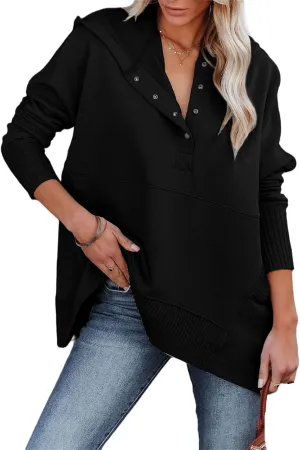 DGHM-JLMY Women Casual Button V Neck Hoodies Loose Thread Hem Hoodie Oversized Pullover Sweatshirt Hooded Tops with Pockets