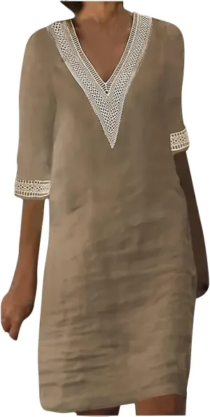 Dresses for Women 2025 Fashion Dressy Half Sleeve V Neck Midi Dresses Summer Cotton Linen Casual Trendy Dress