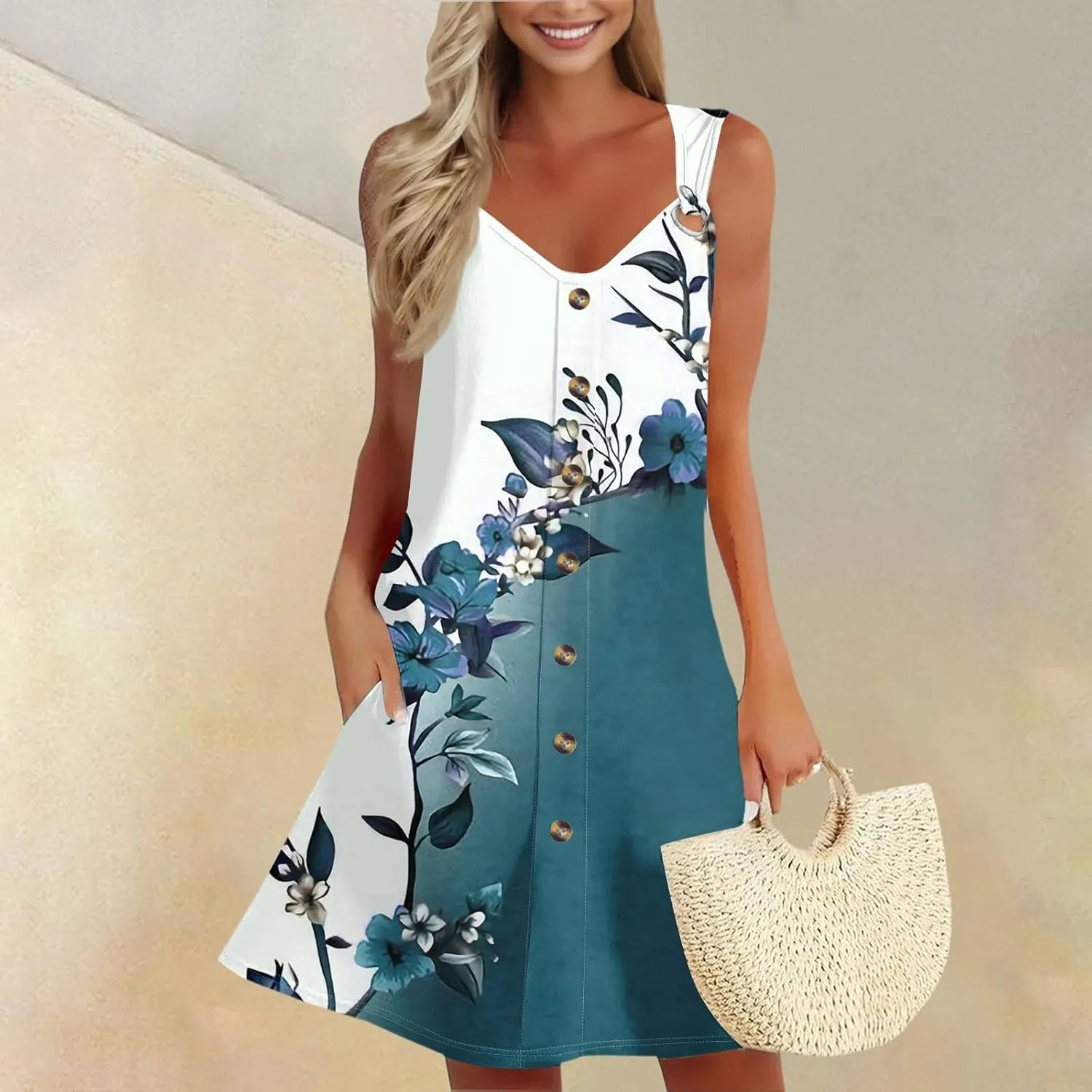 Dresses for Women 2025 Plus Size Mini Dresses Sexy Vacation Summer Clothes Sleeveless v Neck Sundress with Pockets