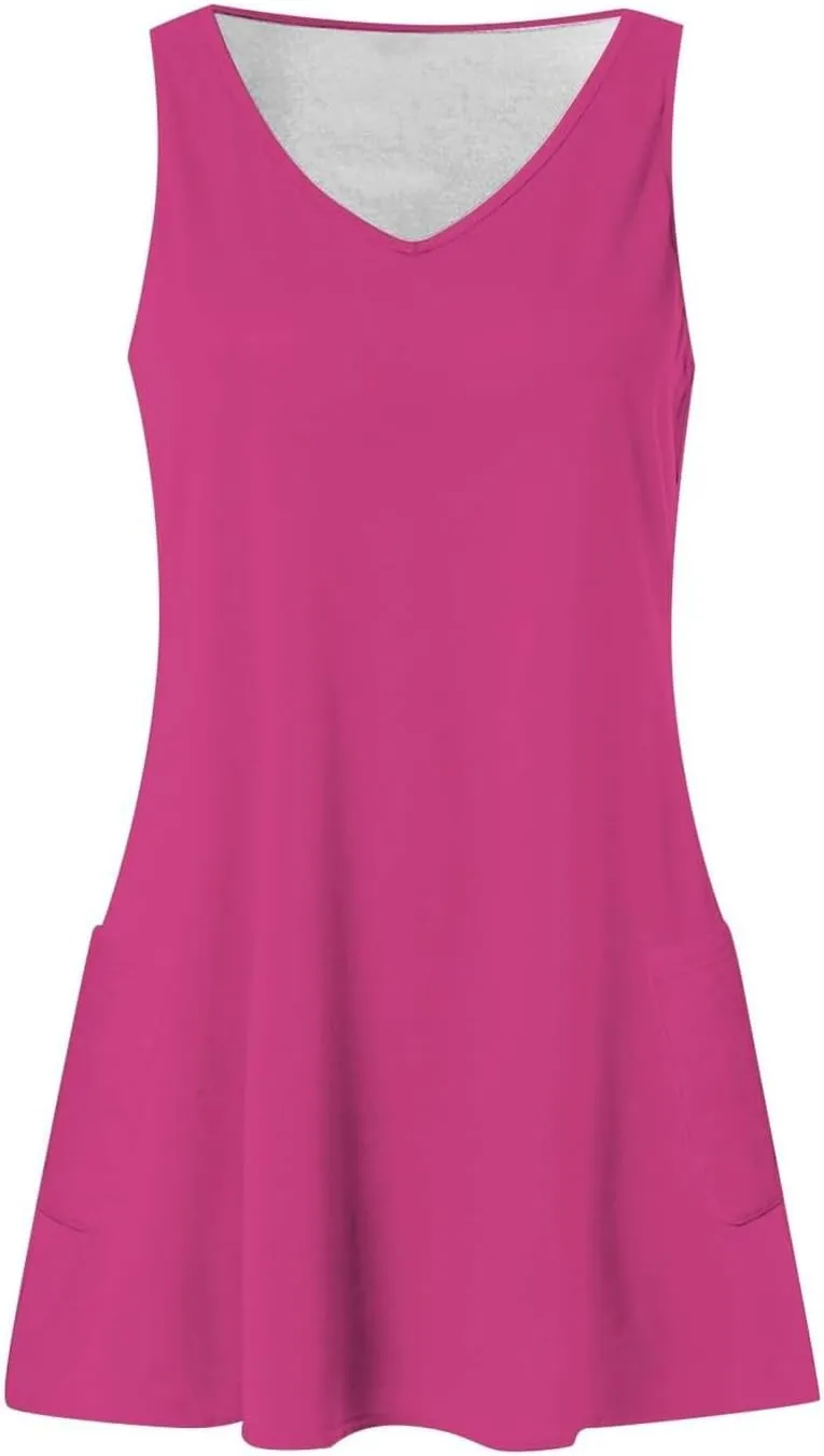 Dresses for Women Casual V-Neck Swing A Line Mini Dress Loose Fit Sleeveless Summer Boho Dresses with Pockets