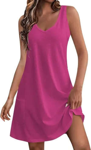 Dresses for Women Casual V-Neck Swing A Line Mini Dress Loose Fit Sleeveless Summer Boho Dresses with Pockets