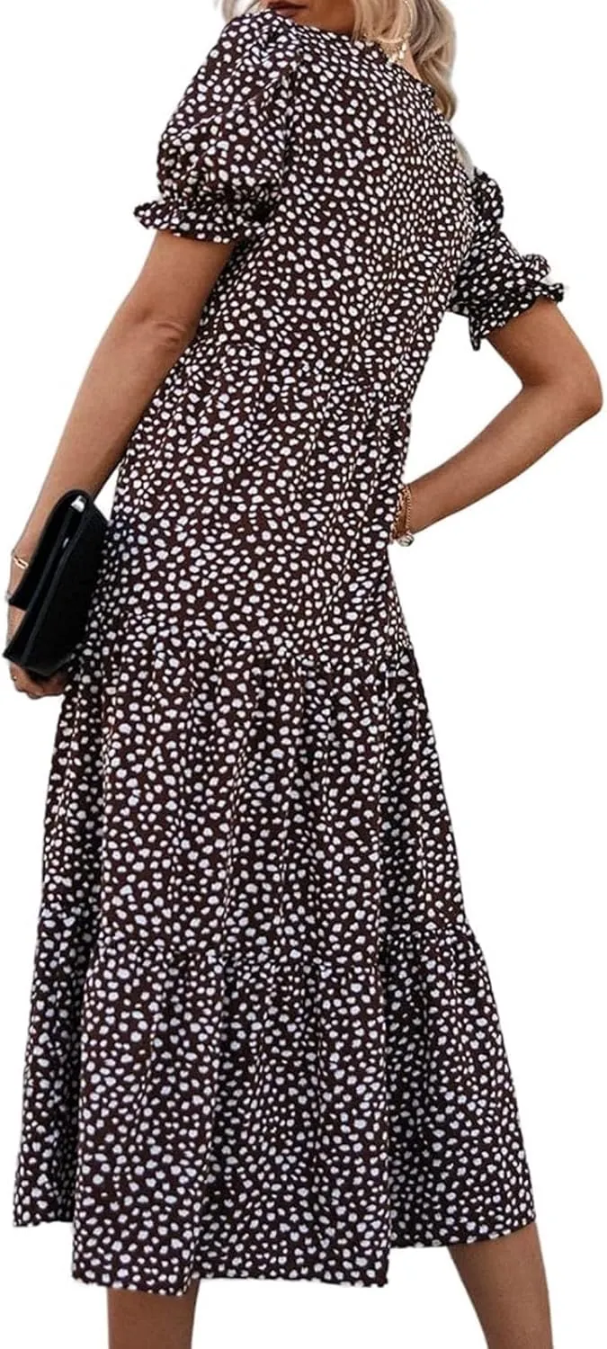 Dresses for Women Summer Puff Sleeve Crew Neck Maxi Dress Tiered Ruffle Sundress Elegant Going Out Dresses 2025