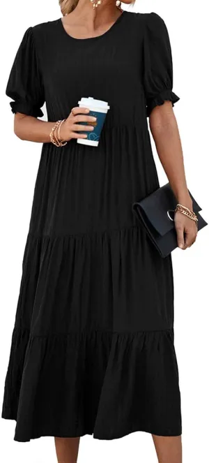 Dresses for Women Summer Puff Sleeve Crew Neck Maxi Dress Tiered Ruffle Sundress Elegant Going Out Dresses 2025