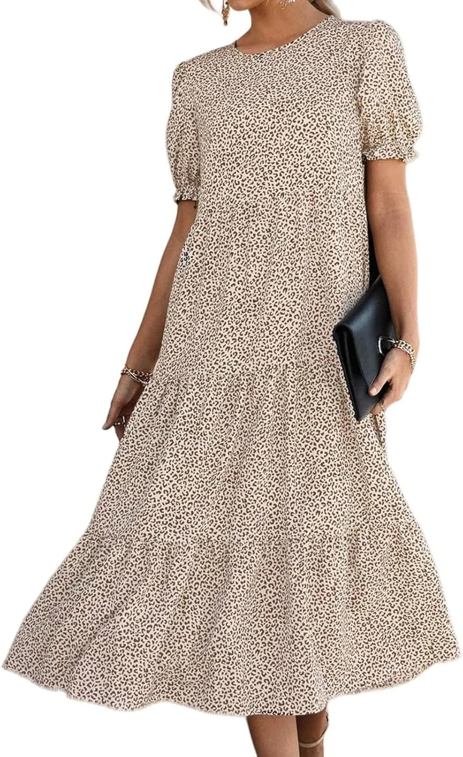 Dresses for Women Summer Puff Sleeve Crew Neck Maxi Dress Tiered Ruffle Sundress Elegant Going Out Dresses 2025