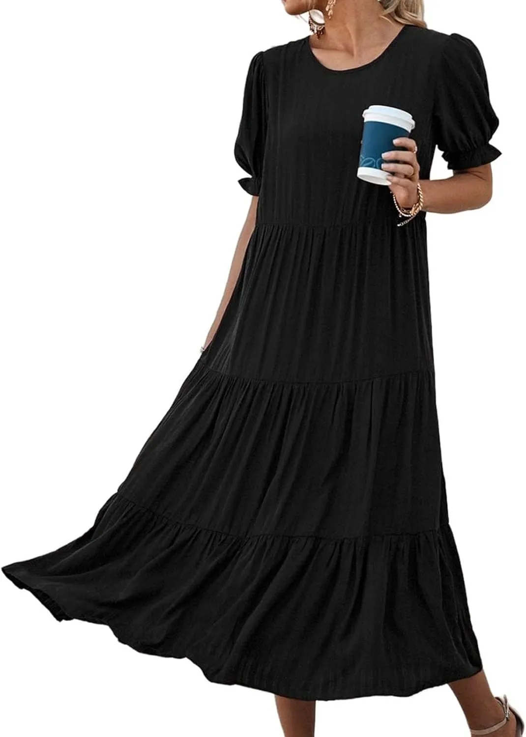 Dresses for Women Summer Puff Sleeve Crew Neck Maxi Dress Tiered Ruffle Sundress Elegant Going Out Dresses 2025