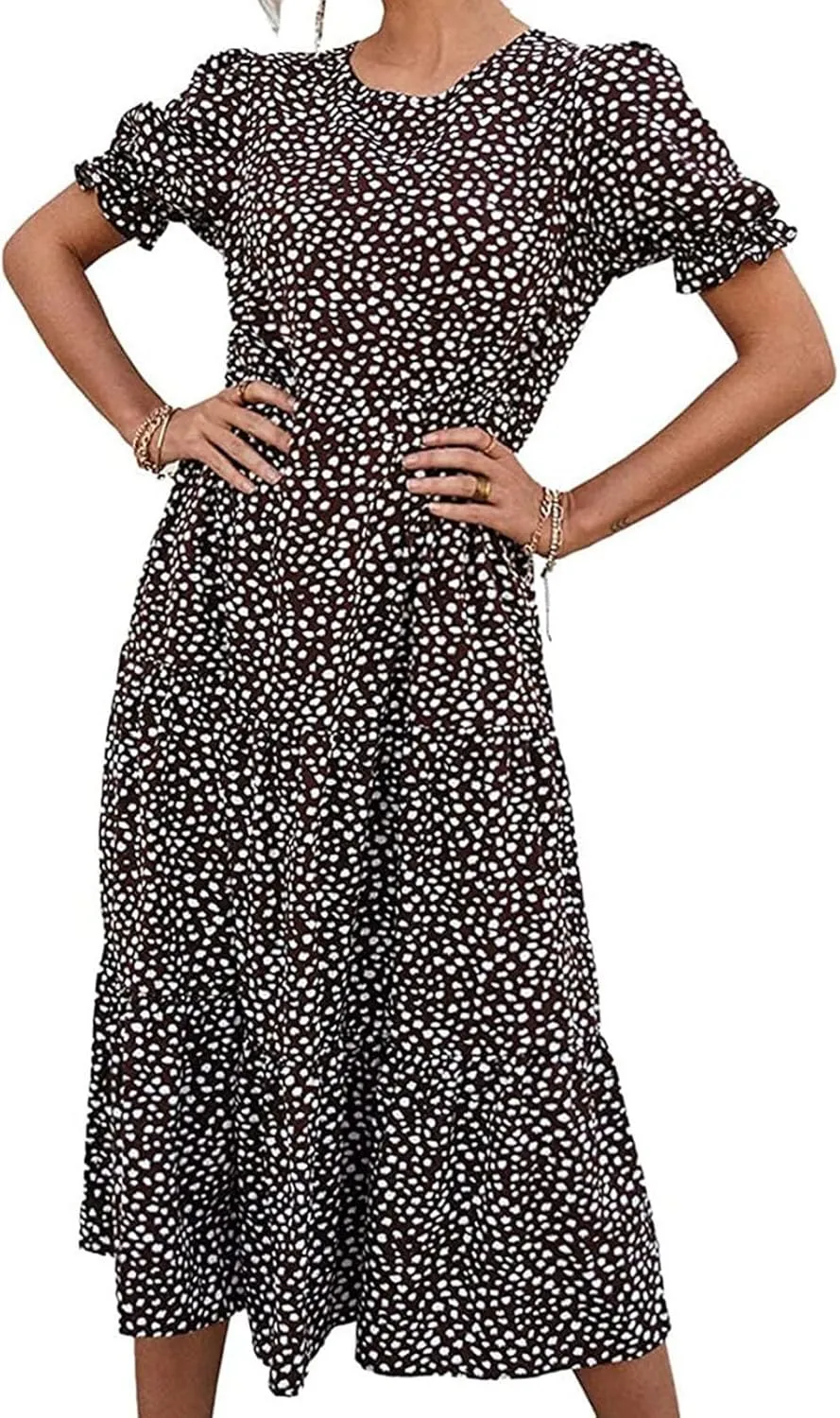 Dresses for Women Summer Puff Sleeve Crew Neck Maxi Dress Tiered Ruffle Sundress Elegant Going Out Dresses 2025
