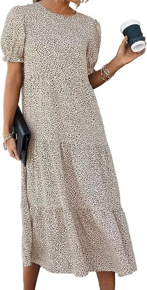 Dresses for Women Summer Puff Sleeve Crew Neck Maxi Dress Tiered Ruffle Sundress Elegant Going Out Dresses 2025