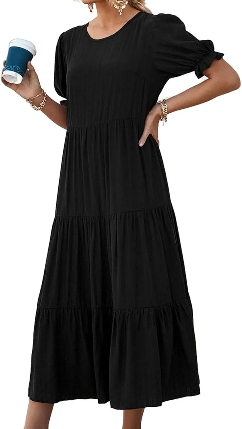 Dresses for Women Summer Puff Sleeve Crew Neck Maxi Dress Tiered Ruffle Sundress Elegant Going Out Dresses 2025