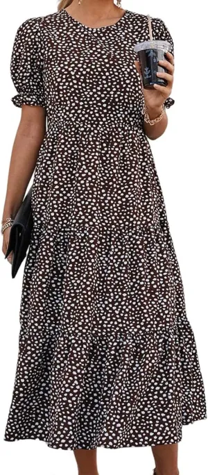 Dresses for Women Summer Puff Sleeve Crew Neck Maxi Dress Tiered Ruffle Sundress Elegant Going Out Dresses 2025