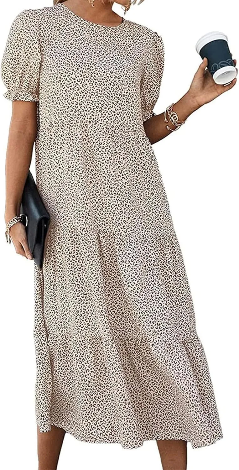 Dresses for Women Summer Puff Sleeve Crew Neck Maxi Dress Tiered Ruffle Sundress Elegant Going Out Dresses 2025