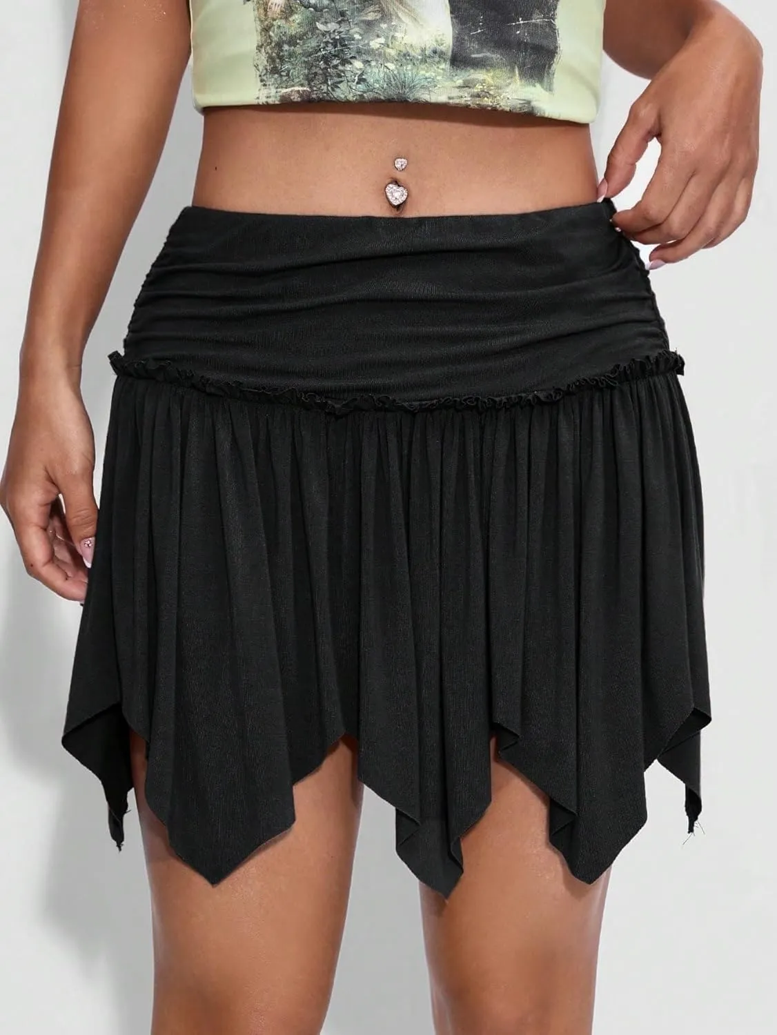 ELDINA Summer Short Mini Skirts For Women 2024 Solid Color Pleated Asymmetrical Hem Skirt