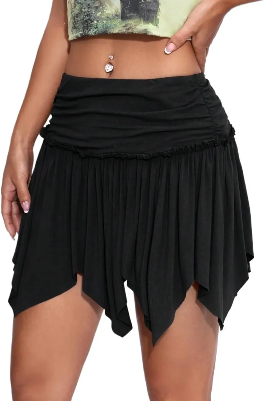 ELDINA Summer Short Mini Skirts For Women 2024 Solid Color Pleated Asymmetrical Hem Skirt
