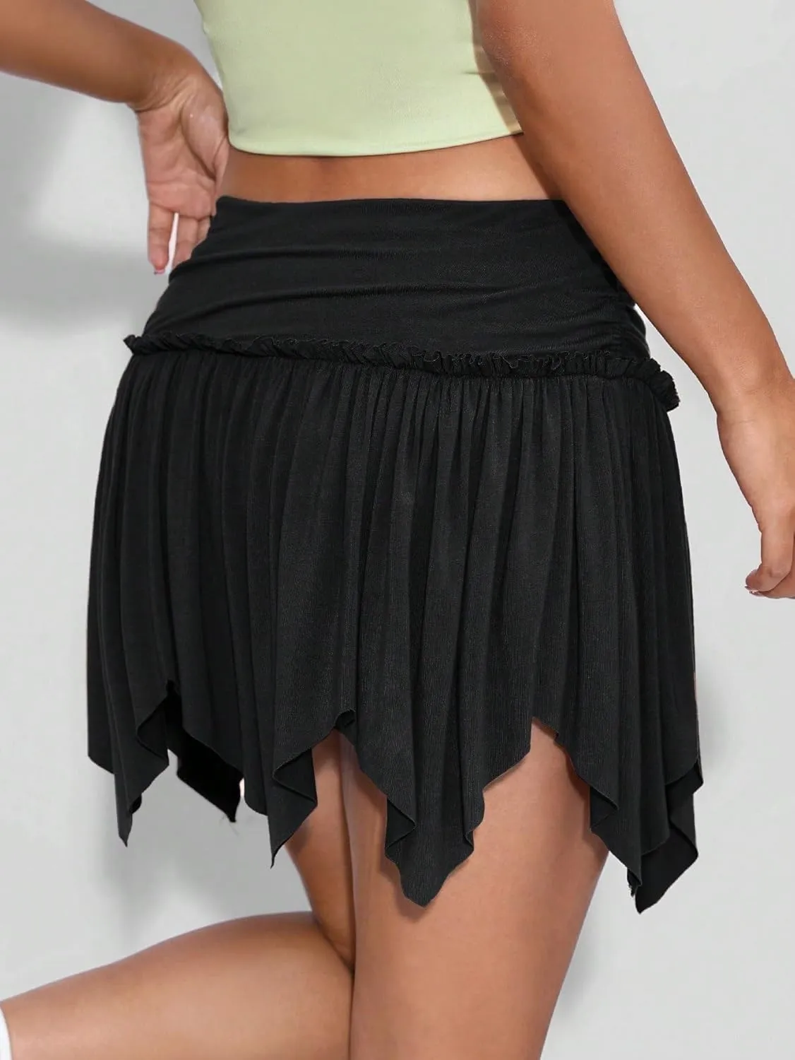 ELDINA Summer Short Mini Skirts For Women 2024 Solid Color Pleated Asymmetrical Hem Skirt