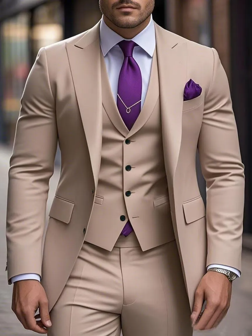 Elegant 3 Piece Slim Fit Suits for Men Wedding Party Suits Single Breasted Two Button Blazer Vest Pant Suit